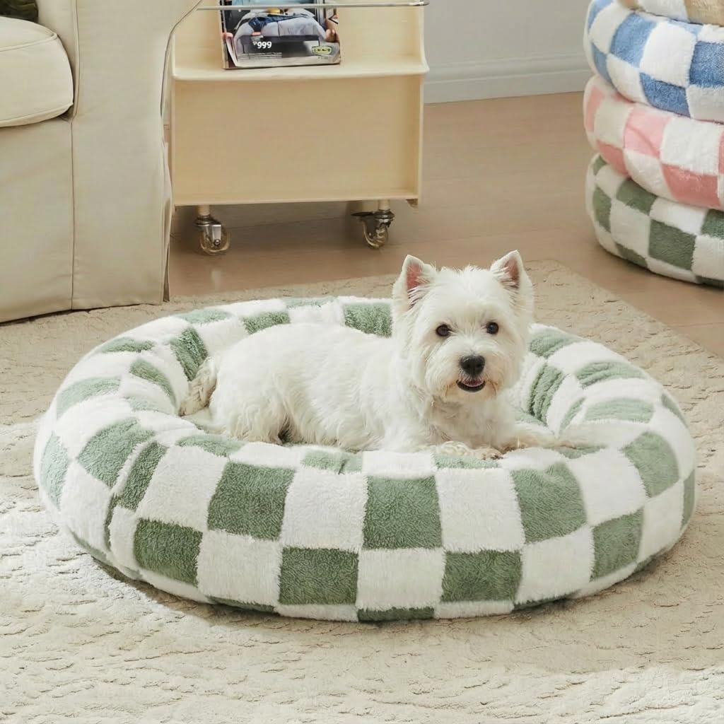 Ohocut Checkered Dog Bed, Cute Sage Green Retro Style Aesthetic Round Warming Pet Calming Beds for Small Dog and Cats, Plush Cozy Donut Washable, 30" L x 30" W x 8" Th