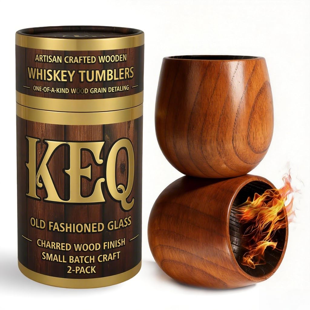 KEQ Charred Wooden Whiskey Glasses | Old Fashioned Glass | Thoughtful Bourbon Gifts for Men,Father,Boy Friend or Husband | Ideal for Camping,Patio BBQs & Home Bar (2 Pack,11 oz)