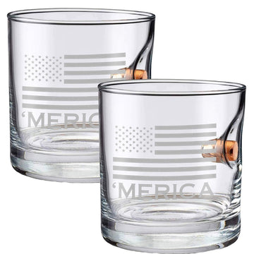 BenShot 'Merica Rocks Glass with Real 0.45ACP Bullet - 11oz | Made in the USA [Set of 2]