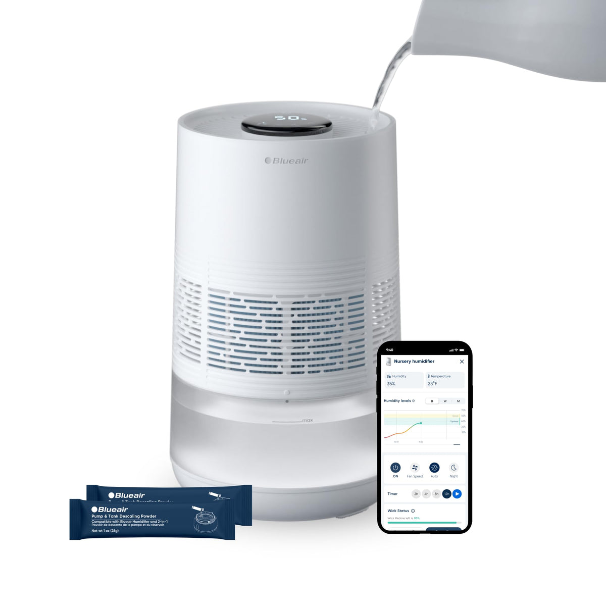 BLUEAIR Premium Smart Humidifier for Large Rooms, Bedrooms, Better Sleep with Evaporative Invisible Mist Tech, Auto Humidify, Easy Top Fill, Smart Control with App, Touchscreen, 3.5L Tank for 48 hours