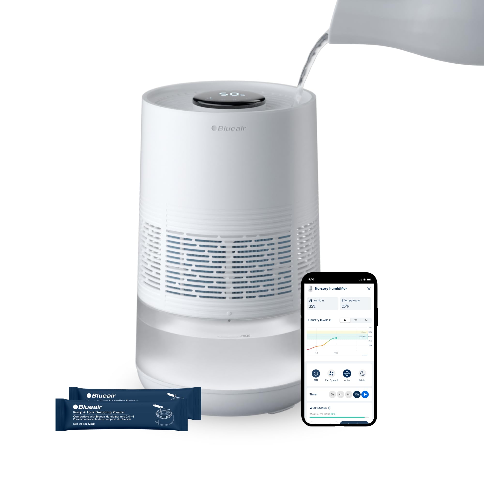 BLUEAIR Premium Smart Humidifier for Large Rooms, Bedrooms, Better Sleep with Evaporative Invisible Mist Tech, Auto Humidify, Easy Top Fill, Smart Control with App, Touchscreen, 3.5L Tank for 48 hours