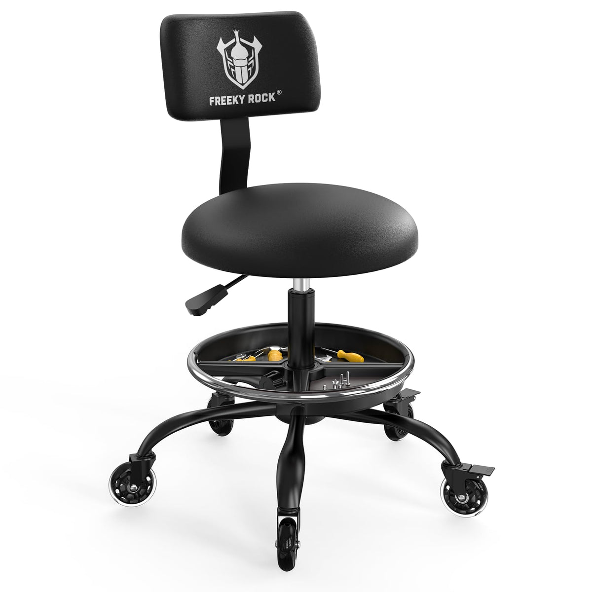 Rolling Shop Stool with Wheels, Garage Mechanic Stool Chair with Backrest, Height Adjustable Heavy Duty Swivel Task Chair, Adjustable Footrest