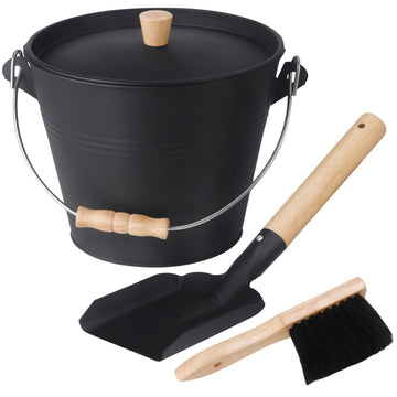 GameXcel Ash Bucket with Lid and Shovel Hand Broom - 1.5 Gallon Galvanized Iron Metal Fireplace Tools Ash Pail for Fire Places Fire Pits Wood Burning Stoves Hearth Accessories Indoor Outdoor, Black