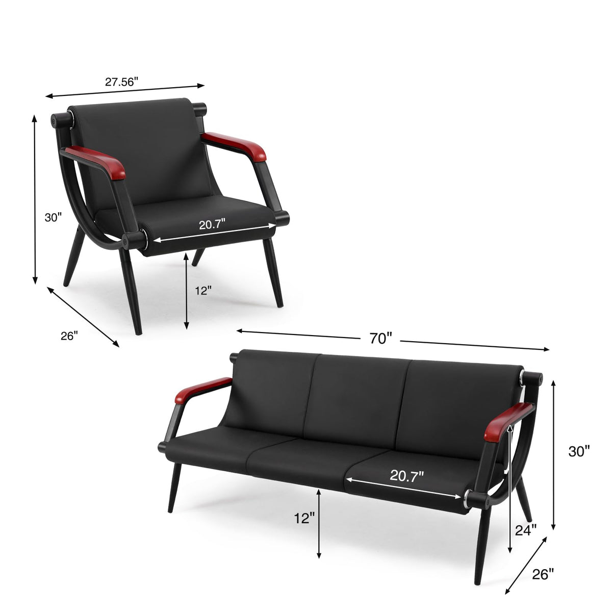 Wonline Office Waiting Room Chair Bench Set, Black Office Reception Guest Chair with Arms Matching Lobby Bench for Clinic, Hospital, Airport,