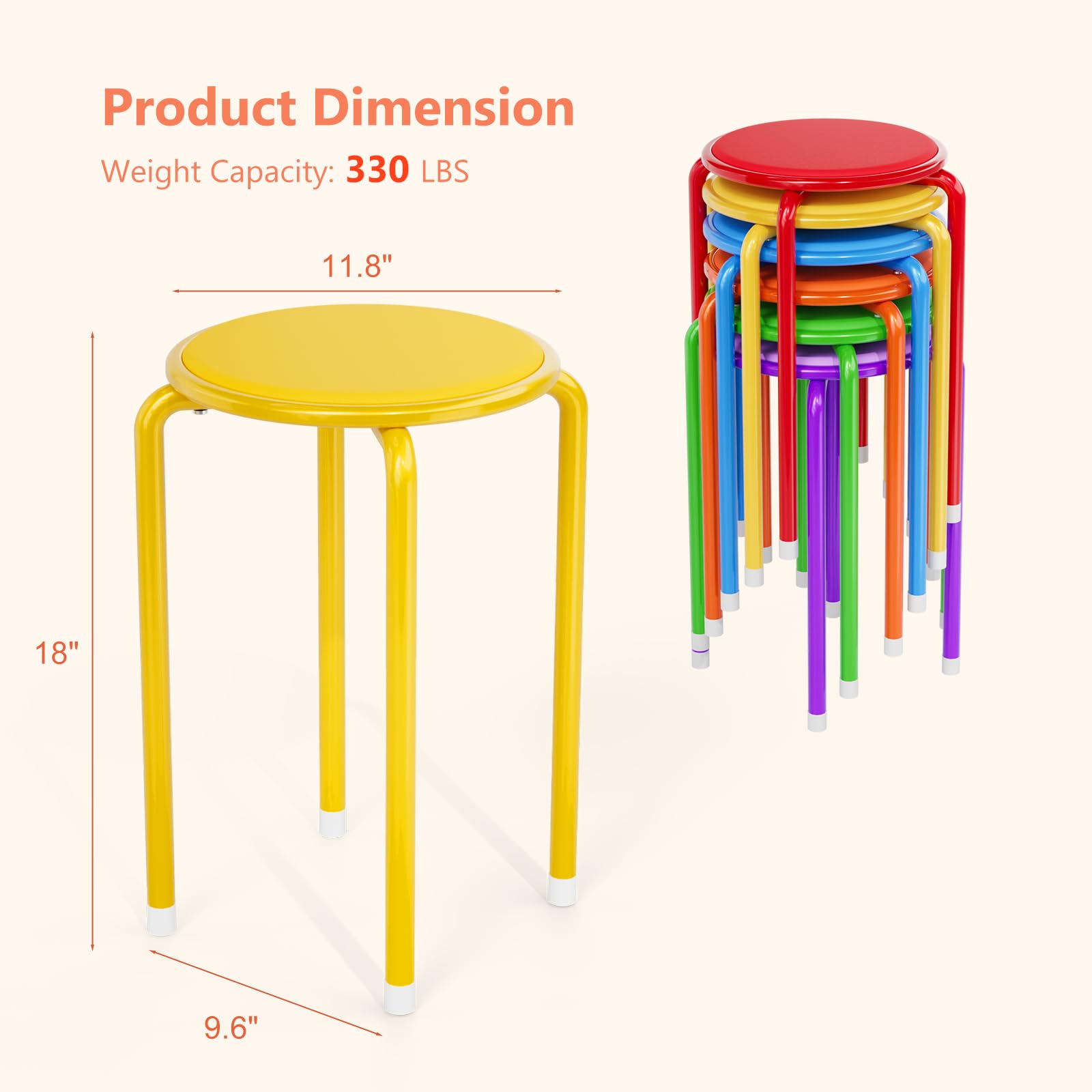 Vingli 18 Inch Padded Stacking Stools 6 Pack, Colorful Metal Round Stool, 18 Inches, Colored Legs