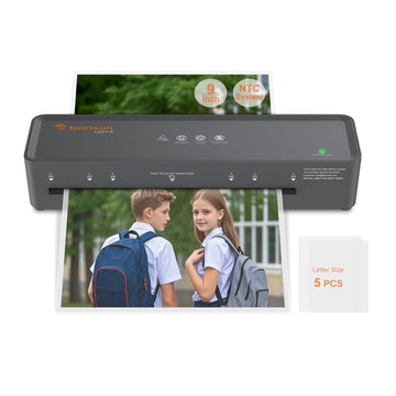 Bonsaii 9 Inch Thermal Laminator Machine, Compact for Home School, Grey | Includes 5 pouches, anti-jam roller tech, portable size for home school student classroom use, photos posters card