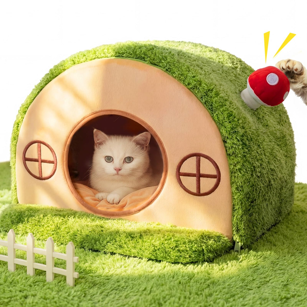Cat House for Indoor Cats - Cute Cat Bed Cave, Tree Hole Cat Bed Tent for Kittens and Small Medium Pets with Removable Washable Cushion & Anti-Slip Bottom, Enclosed Kitten Bed Hideaway