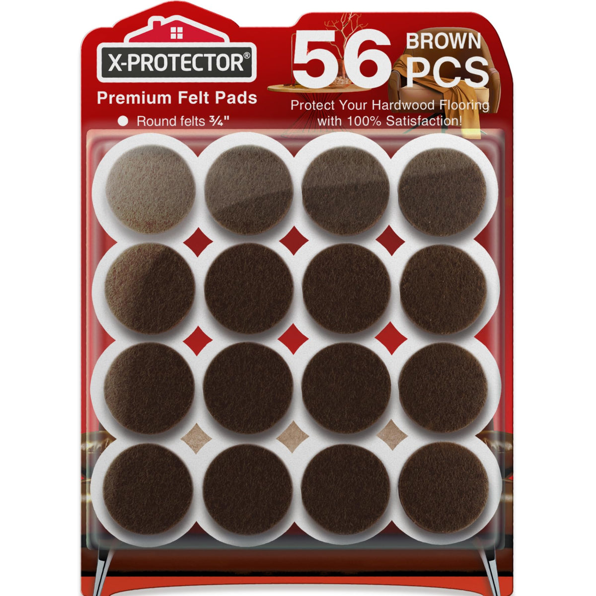 X-PROTECTOR Felt Furniture Pads - 56 PCS 3/4" Floor Protectors for Chair and Furniture Feet - Protect Your Hardwood Floors! (Brown, Round)