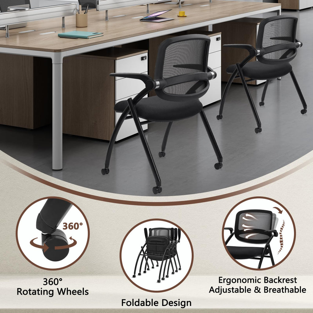 Clatina Stackable & Foldable Conference Chair with Wheels, Ergonomic Mesh Back, 300lbs Capacity, Breathable Padded Seat, Adjustable Armrests,