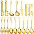 17 Pcs Gold Serving Utensils Set Include Stainless Steel Large Serving Spoons Slotted Spoons Forks Soup Ladle Pie Server - Metal Utensils for Parties Buffet Catering, Dishwasher Safe