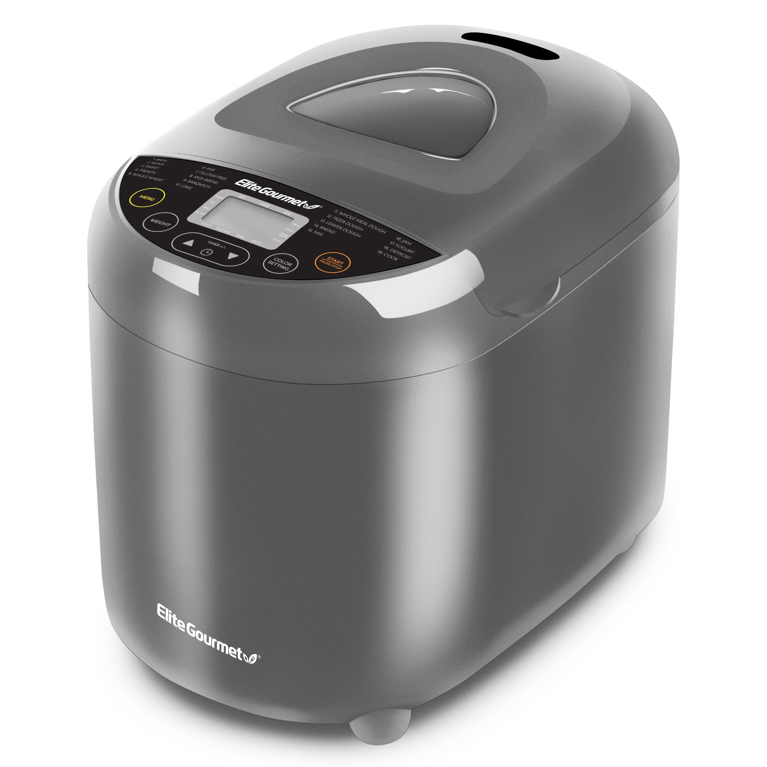 Elite Gourmet Programmable Bread Maker with PFAS-Free CERALAST™ Ceramic Pan, 2 lb Loaf, 19 Presets incl. Gluten-Free, 3 Sizes, Delay Timer, Steel Gray