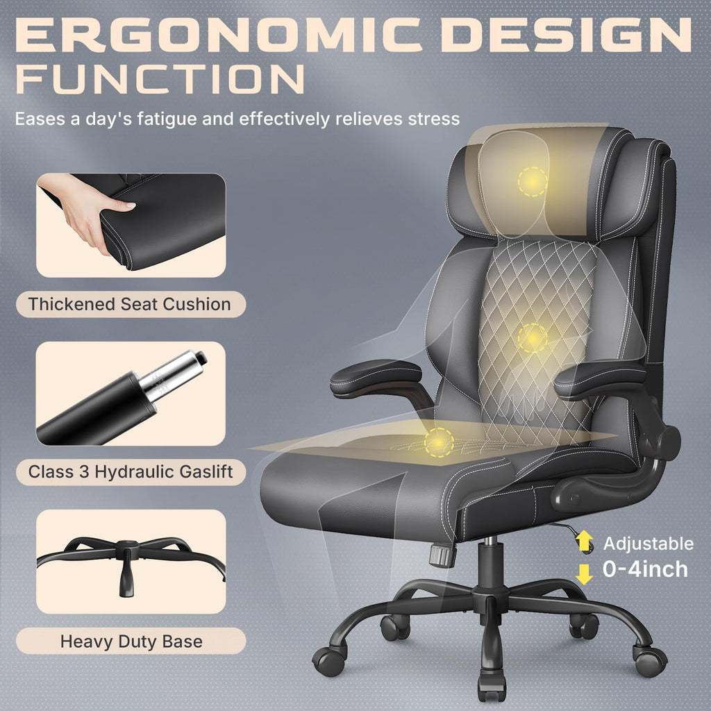 Office Chair-big and Tall Office Chair,executive High Back Breathable Flip-up Armrests Lumbar Support-ergonomic Leather Rolling Swivel Chair