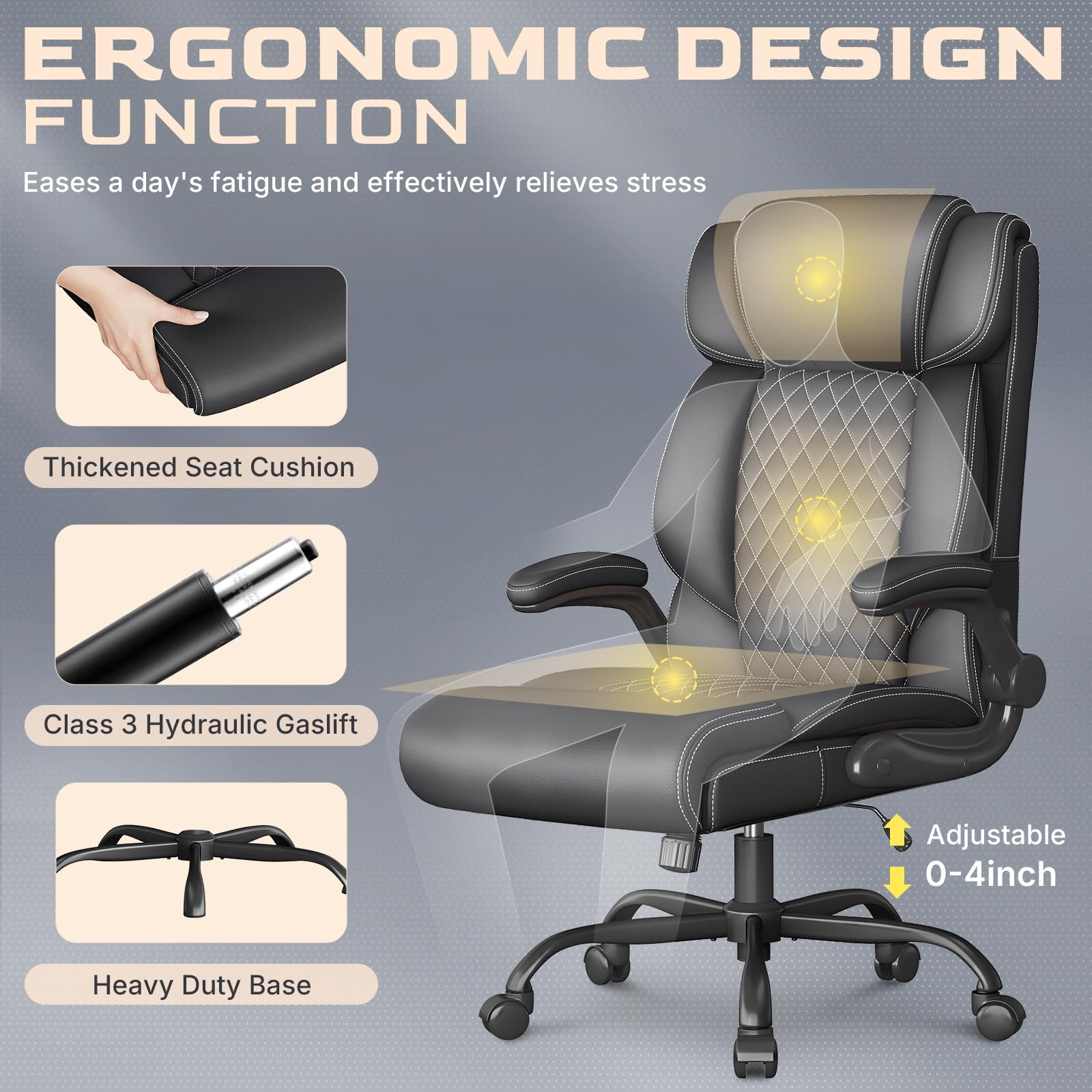 Office Chair-big and Tall Office Chair,executive High Back Breathable Flip-up Armrests Lumbar Support-ergonomic Leather Rolling Swivel Chair