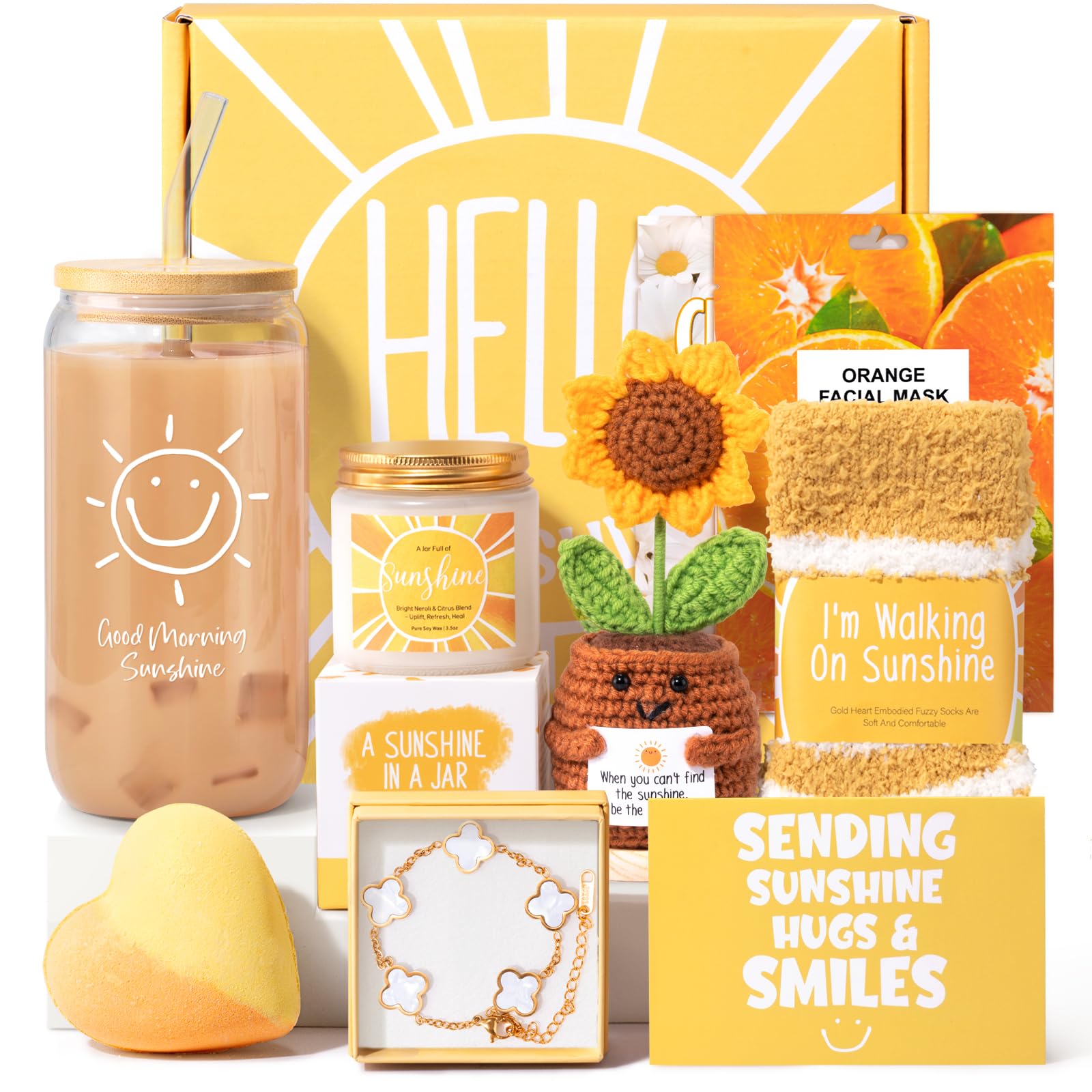 Gift Baskets for Women, 9pcs Unique Happy Birthday Gifts for Women, Best Inspirational Get Well Christmas Sunshine Sunflower Ideas Box for Her Sister Friend Friendship Mom - BRIGHTEN UP HER DAY!