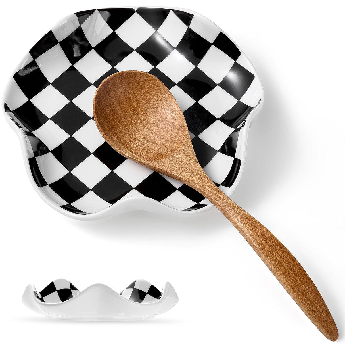 Qipecedm Ceramic Spoon Rest, 5.3in Black & White Pattern, Heat Resistant Cooking Spoon Holder for Kitchen Countertop, Stove Top, Spatula, Ladle, Coffee Spoon Rest