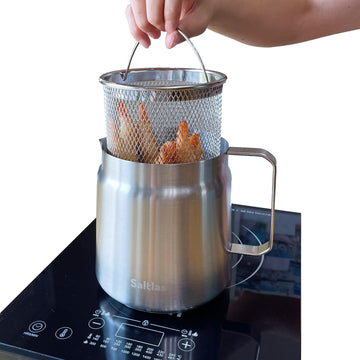 Saltlas 304 Stainless Steel Deep Fryer Pot with Basket and Oil Strainer, Double Bottom for Even Heating, Bacon Grease Container for Kitchen and Camping, Japanese Tempura Fryer, 2L (2Qt/68oz)