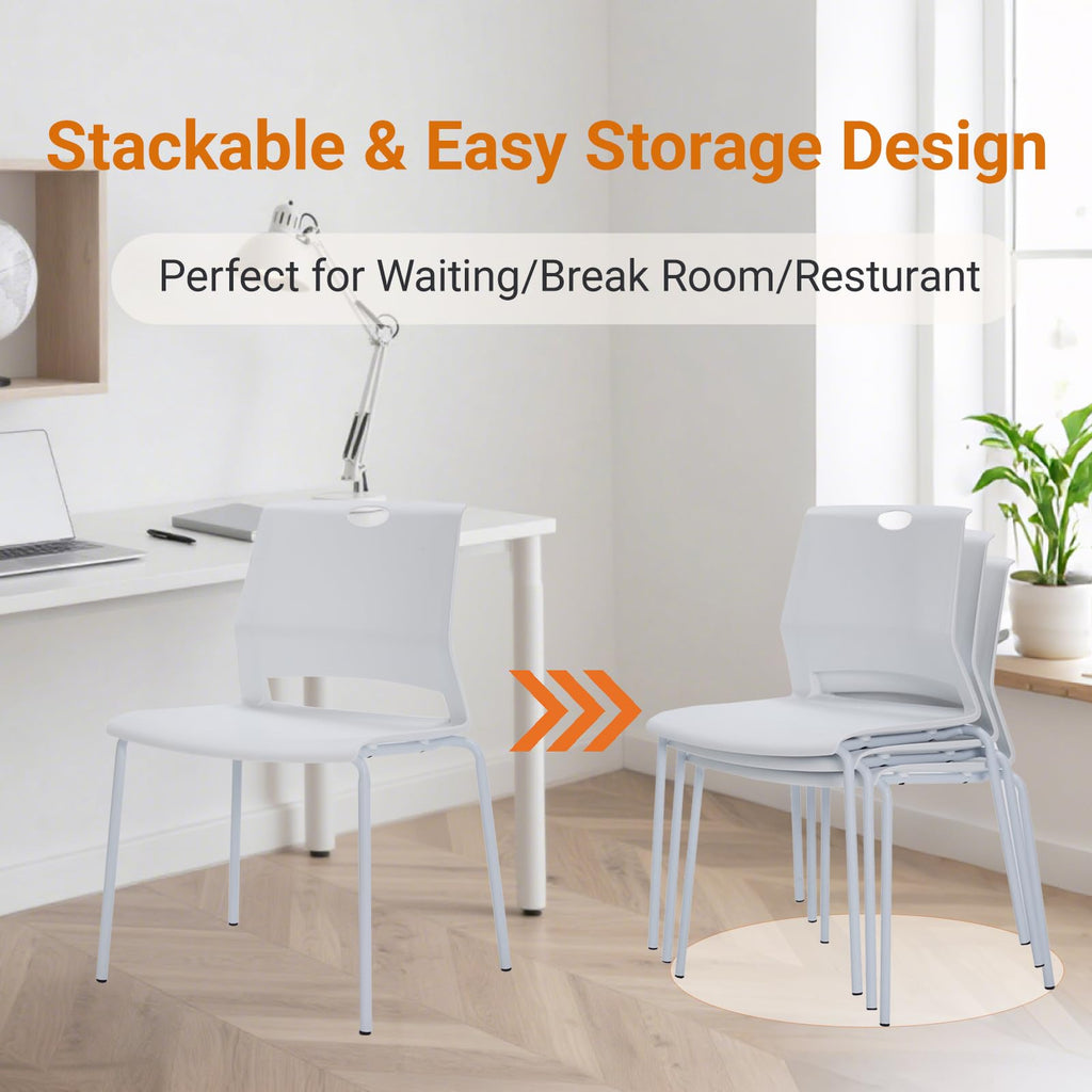 Sidanli Stackable Chairs Set of 4, Waiting Area & Breakroom Chairs in White with Back