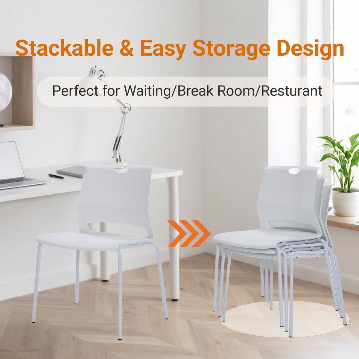 Sidanli Stackable Chairs Set of 4, Waiting Area & Breakroom Chairs in White with Back