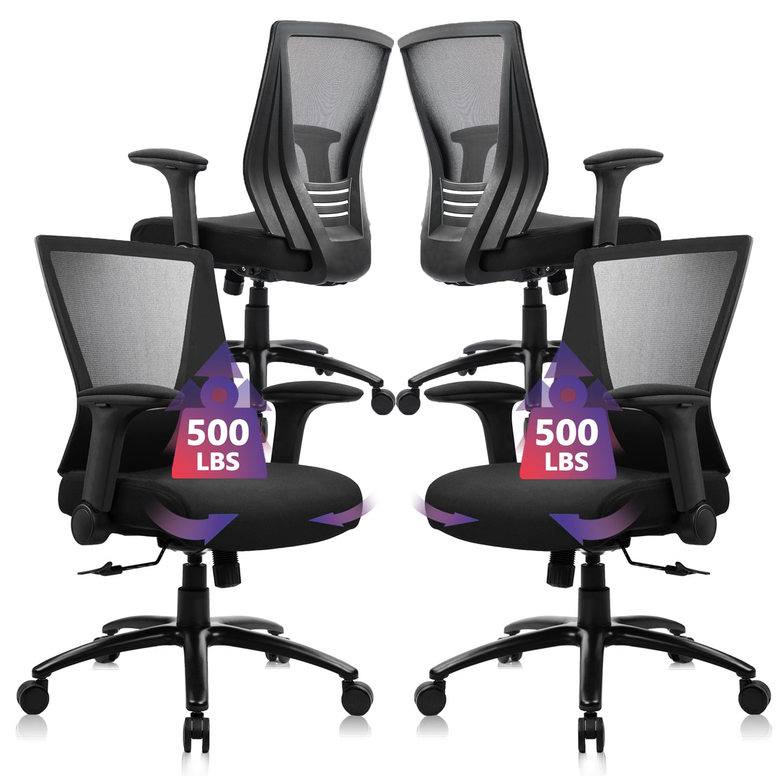 Clatina Big and Tall Office Chair Heavy Duty Ergonomic Desk Chair 500lbs with Flip-up Arms & Wide Thick Seat Cushion Home Executive Swivel Mesh