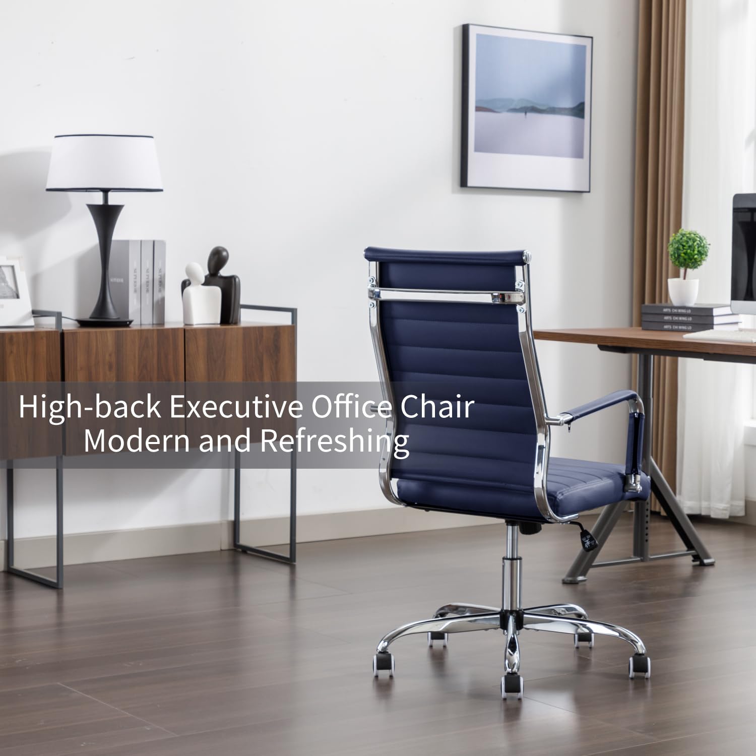 Office Desk Chair Leather, Conference Room Chairs with Wheels, Executive Modern High Back Ergonomic Swivel Rolling Ribbed Computer Chair
