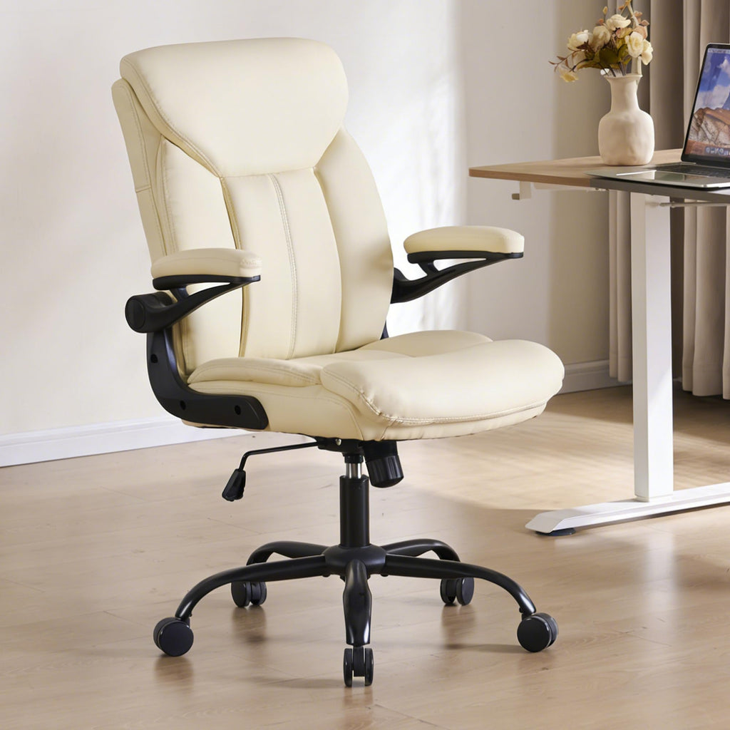 Fmolat Ergonomic Home Office Chair Pu Leather Comfy Computer Chair, Beige, 19.7"W x 19.5"D x 39"-42"H
