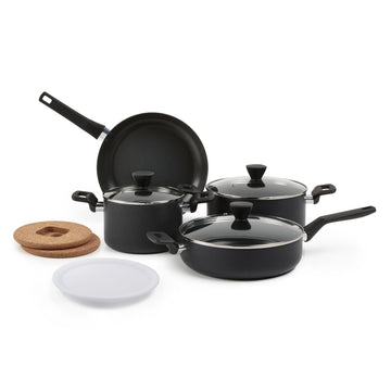 Amazon Basics 10 -Piece Hard Anodized Non-stick Stackable Cookware Set, Oven Safe, Dishwasher Safe, Stay-Cool Handles, Space Saving, Black