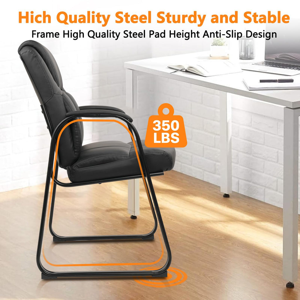 Clatina Leather Guest Chair with Padded Arm Rest for Reception Meeting Conference and Waiting Room Side Office Home Black with Sled Base 2 Pack
