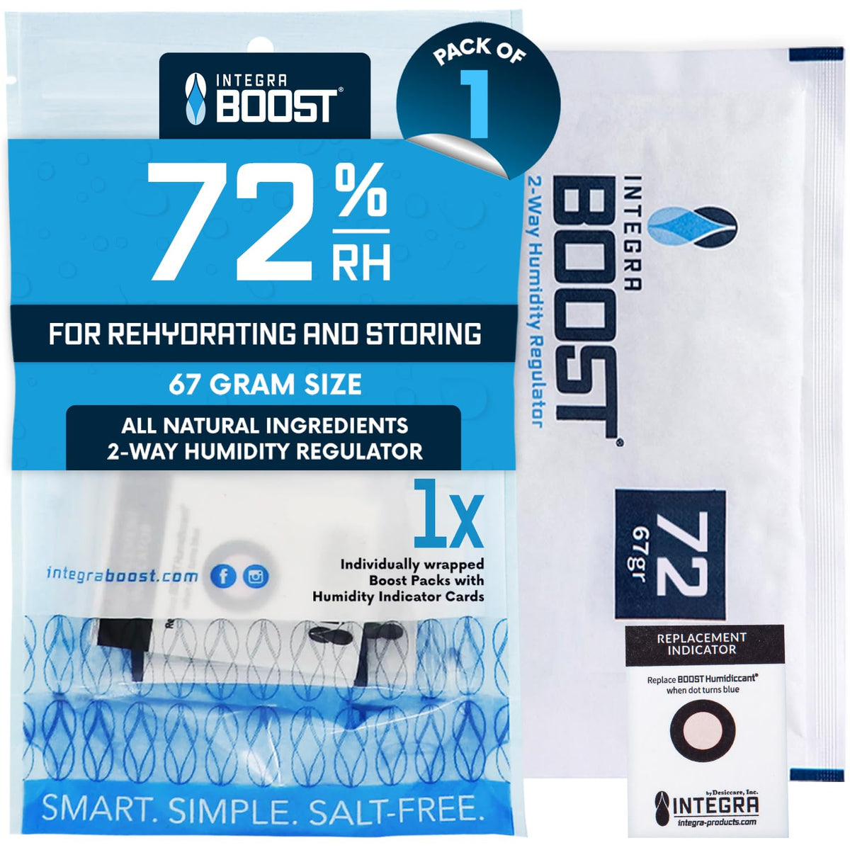 Integra Boost 72% RH, 2 Way Humidity Control Packs – 67g Size for Storing 1 lb – Pack of 1 – Single Moisture Absorber for Small Jars & Containers – Humidifier Packs for Herbs, Spices & Food Storage