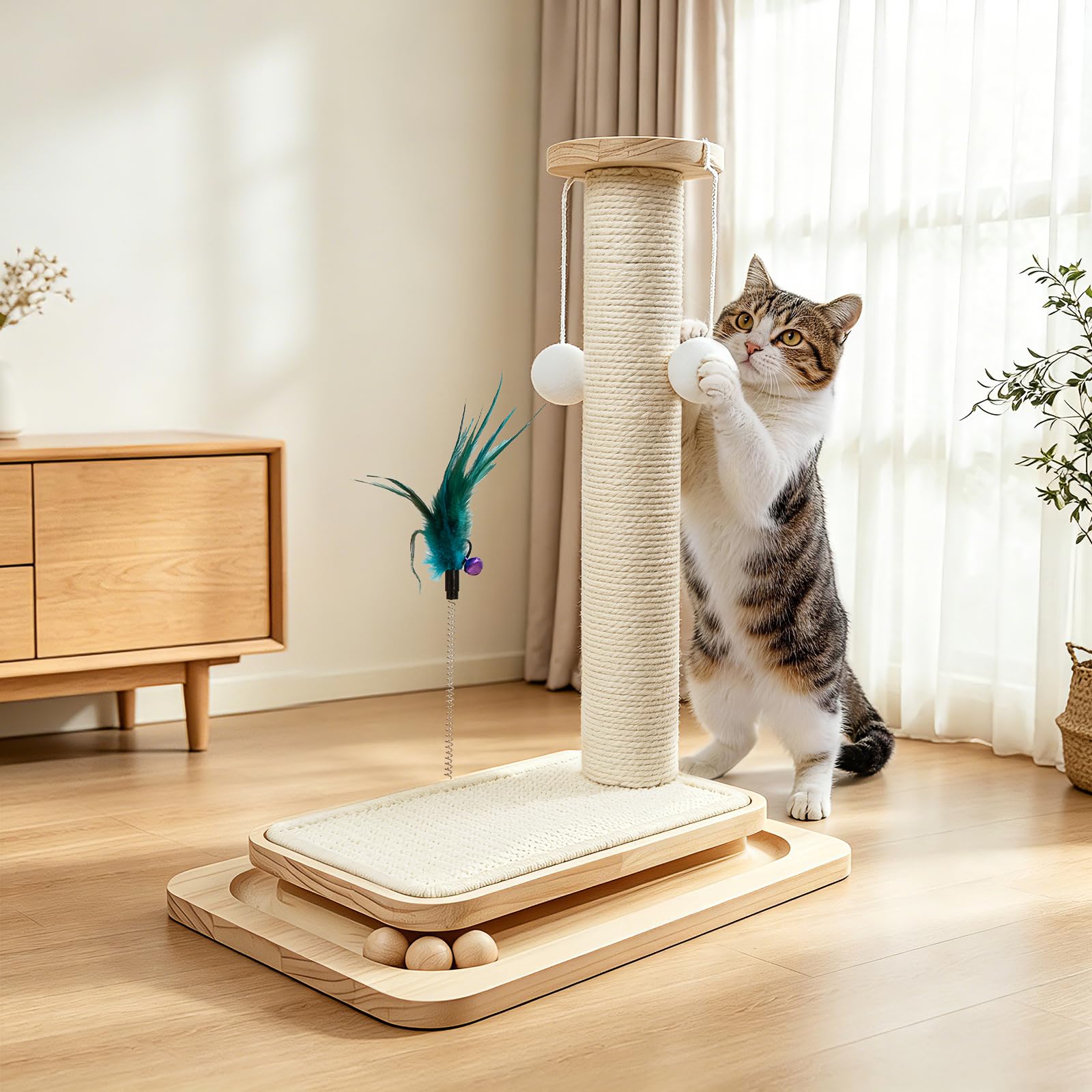 Cat Scratching Post, 5-in-1 Natural Sisal Cat Scratcher with Wood Base, Interactive Ball Track & Spring Feather Toy for Indoor Kittens Small Cats 18"