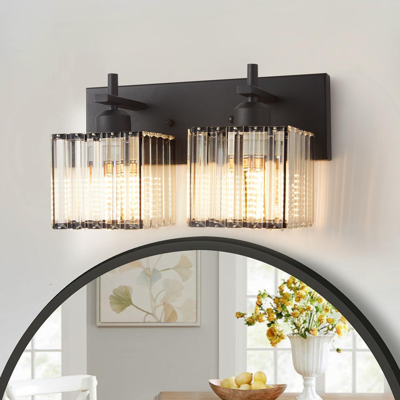 2 Lights Modern Bathroom Vanity Light,MatteBlack Crystal Wall Light,Over Mirror Light Fixtures for Living Room, Bedroom, Hallway