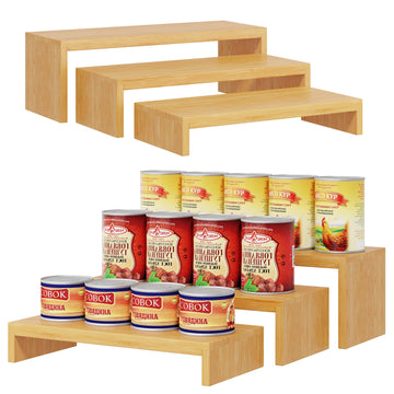 2 Sets DIY Bamboo Can Organizer for Pantry, 3-Tier 6-Piece Can Display Rack