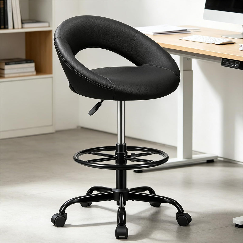 Stella Mia Ergonomic Drafting Chair for Standing Desk, Height Adjustable Rolling Stool with Foot Rest, Tall Pu Leather Chair with Wheels and