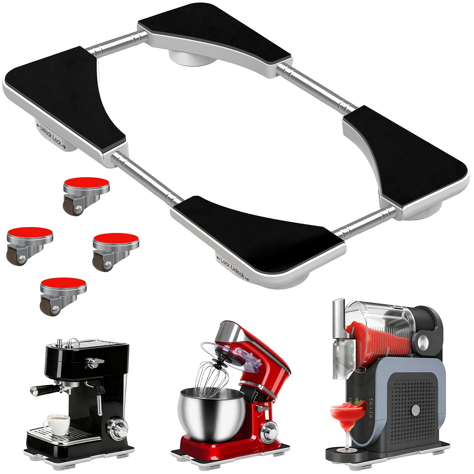 Adjustable Appliance Slider Tray - Expandable 6" x 11"- 11" x 20" Sliding Tray for Kitchen Appliances - 360° Countertop Rolling Tray with Locking Brakes for Coffee Makers Mixers