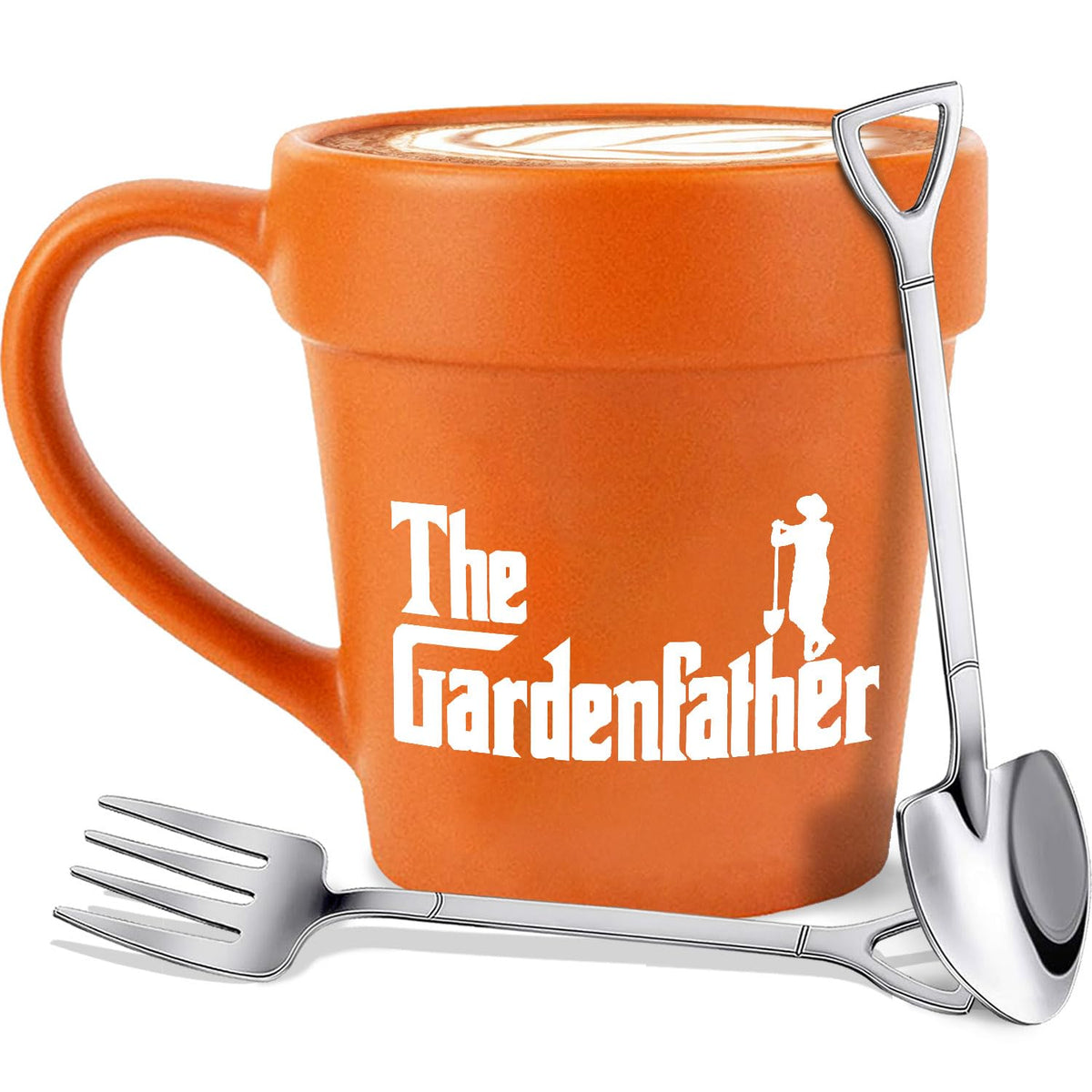 Large 14oz Plant Lover Gifts The Gardenfather Funny Plant Pot Mug With Shovel Spoon & Rake Fork - Handmade Gardener Gifts For Men Grandpa Dad Husband Friends – Funny Gardening Lovers Coffee Mug