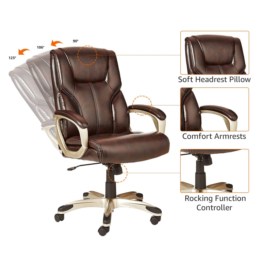 Basics Executive High Back Office Chair, Adjustable Height, Tilt, Swivel, Padded Armrests, Brown/gold, One size