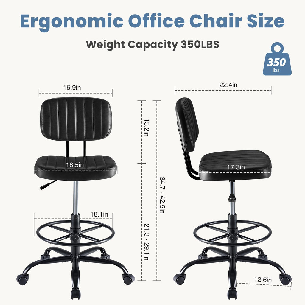 Dumos Armless Drafting Chair, Standing Desk Chair, Rolling Stool, Modern Black