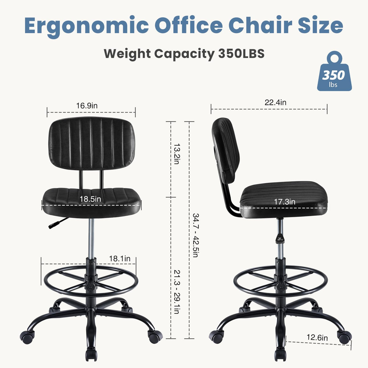 Dumos Armless Drafting Chair, Standing Desk Chair, Rolling Stool, Modern Black