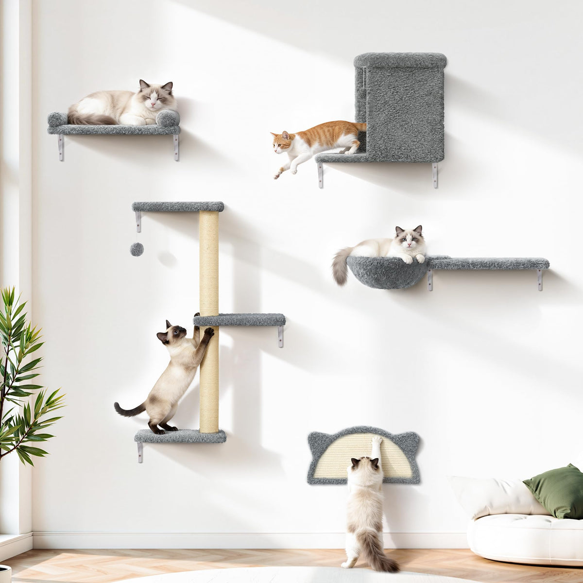 5-in-1 Cat Wall Shelves, Solid Wood & Velvet & Sisal Scratcher, 44lbs Max Load, Wall Mounted Cat Furniture for Climbers, Cat Climbing Wall System, Fits Drywall & Solid Walls - Cool Gray