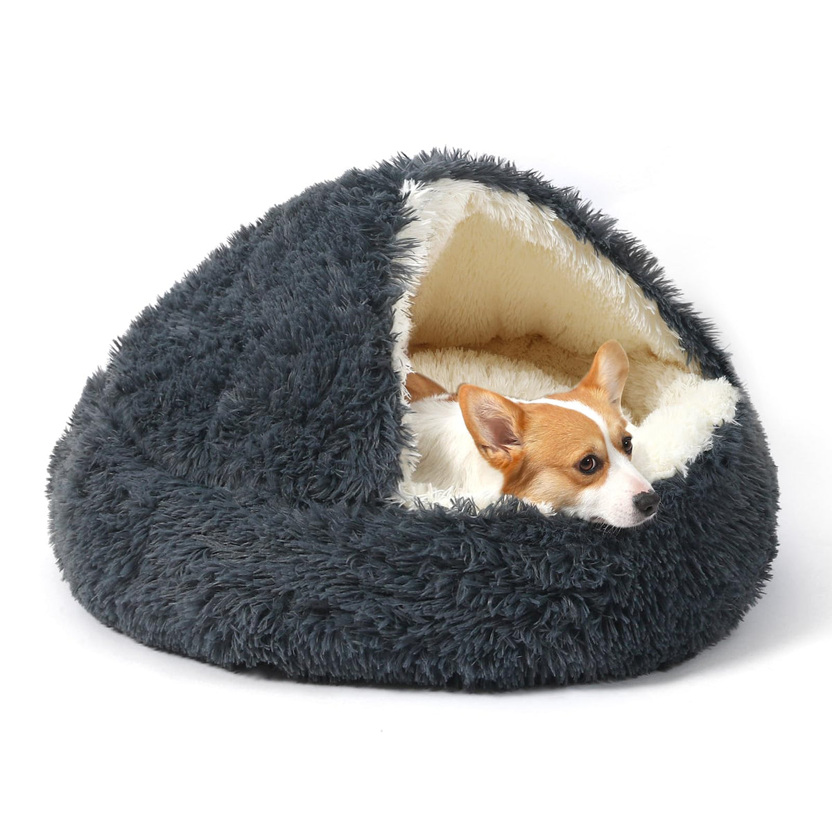 Dog Bed Round Hooded Plush Cat Cave Self Warming Pet Bed Donut Anti Anxiety Fluffy Pet Bed for Puppy and Kitty
