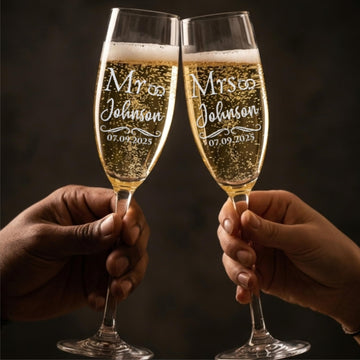 Personalized Mr and Mrs Wedding Glass Set – Custom Engraved 16oz Stem Wine Glass or 8oz Champagne Flute – Bride and Groom Toasting Glasses – Newlywed Wedding Gift