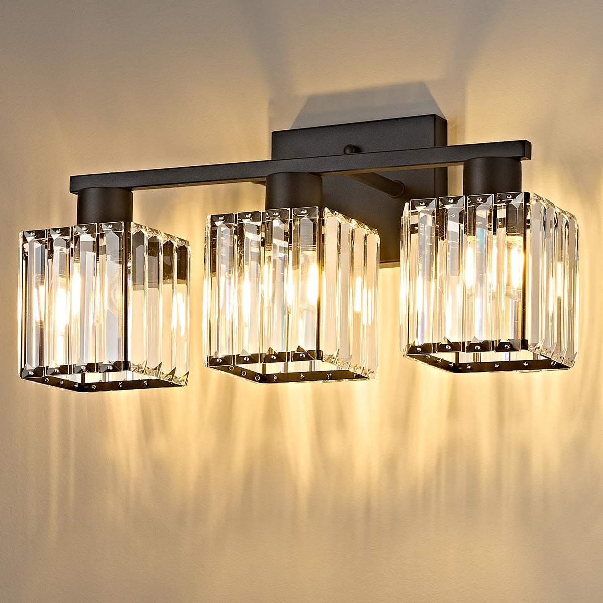 OKELI 3-Light Bathroom Light Fixtures, Modern Black Crystal Wall Light for Bathroom,Lighting Fixtures Over Mirror