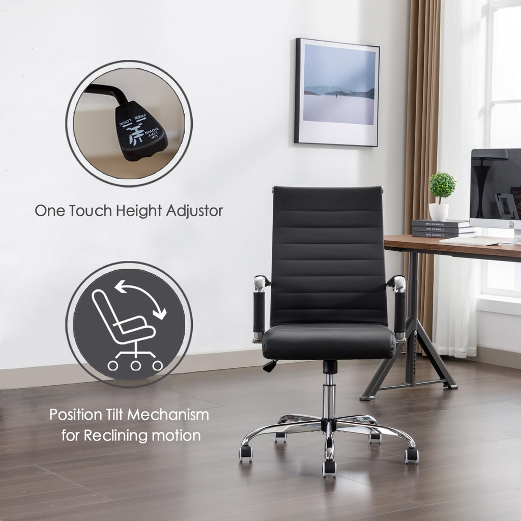 Office Desk Chair Leather, Conference Room Chairs with Wheels, Executive Modern Ergonomic Ribbed Computer Chair, 20"W x 18"D x 14.7-19.7"H