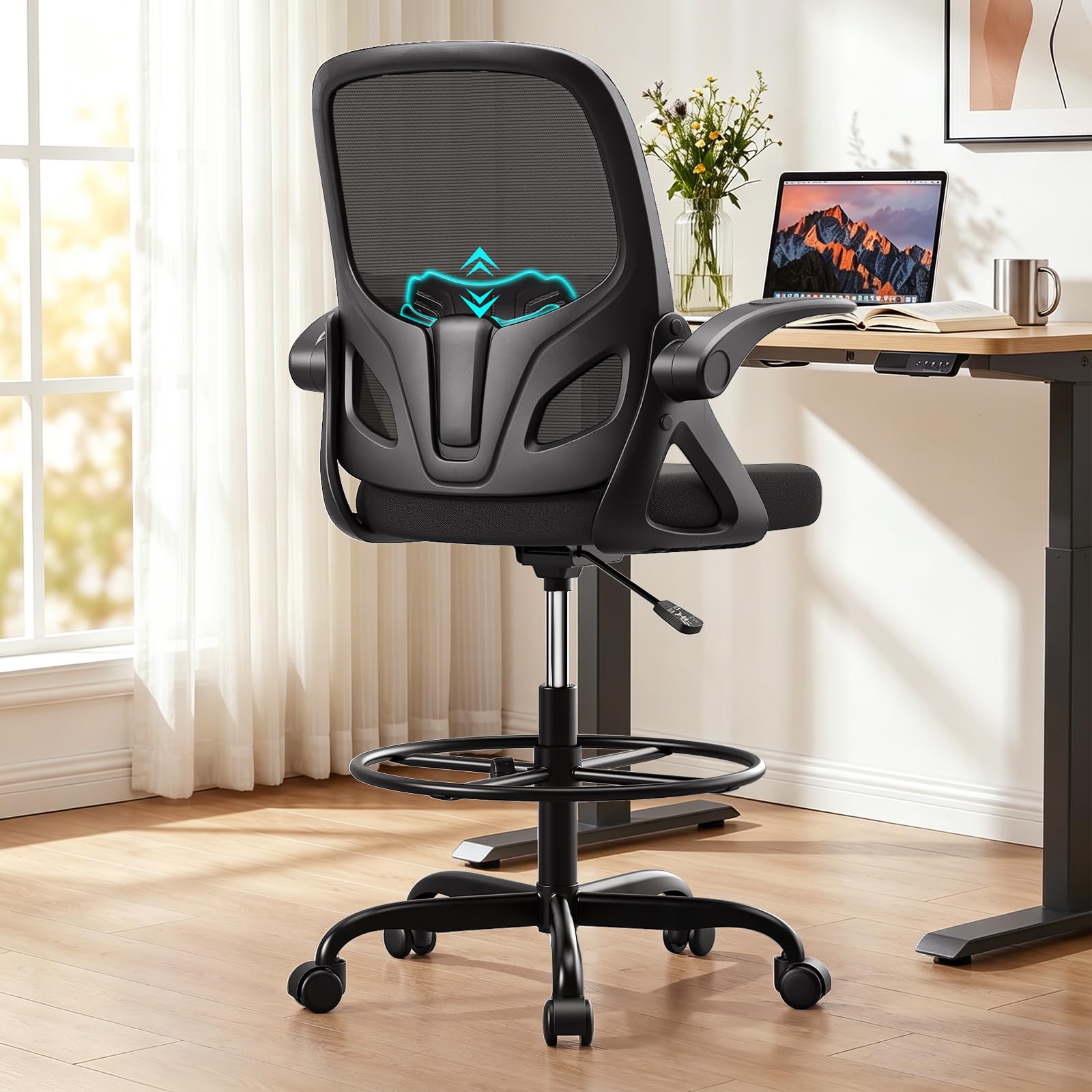 Kensaker Home Desk Chair with Back Supportive Lumbar Support, Breathable Double Mesh Cushion Home Desk Office Chair with Flip Up Arms, Modern