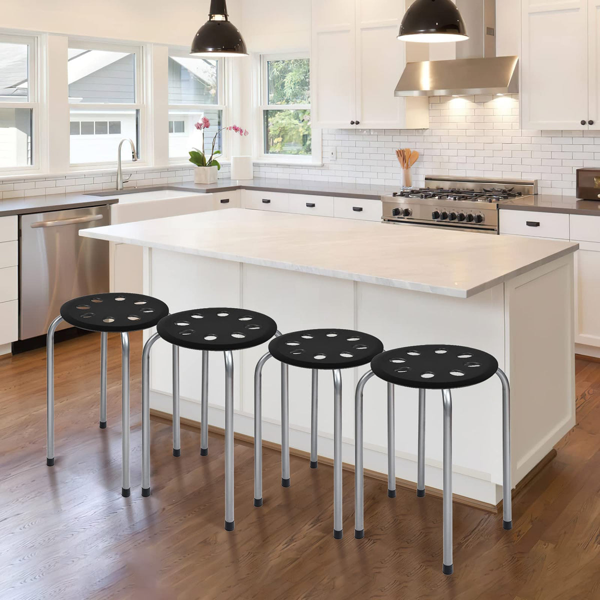Costway 17.5-inch Height 6-pack Round Plastic Stack Stools, Black+grey, 14.5" x 14.5" x 17.5" (W x D x H)