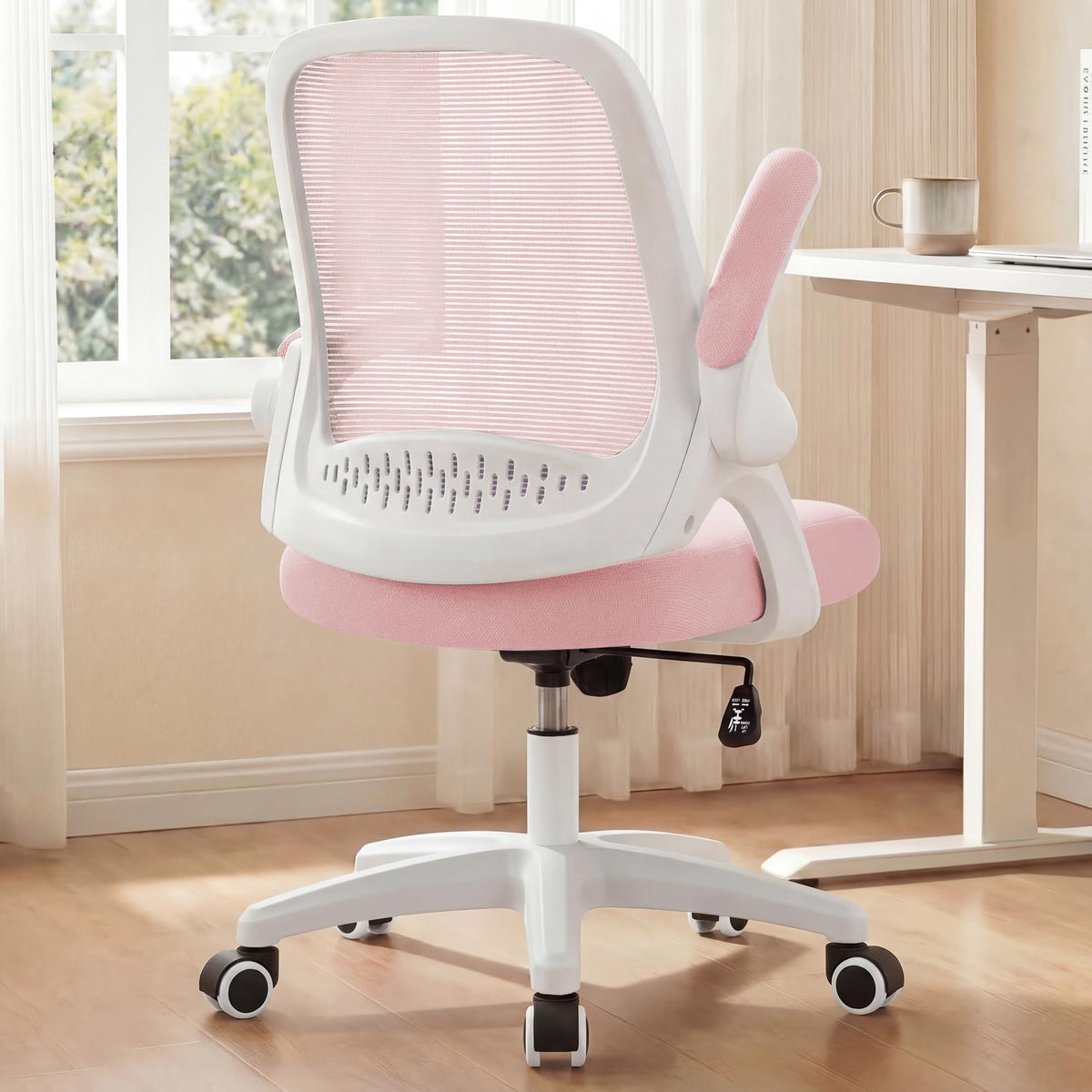 Neo Chair Office Desk Chair, Ergonomic Mesh with Flip-up Armrests, Pink, 4 ft 2 in (H) x 1 ft 9.5 in (W) x 1 ft 8 in (D)