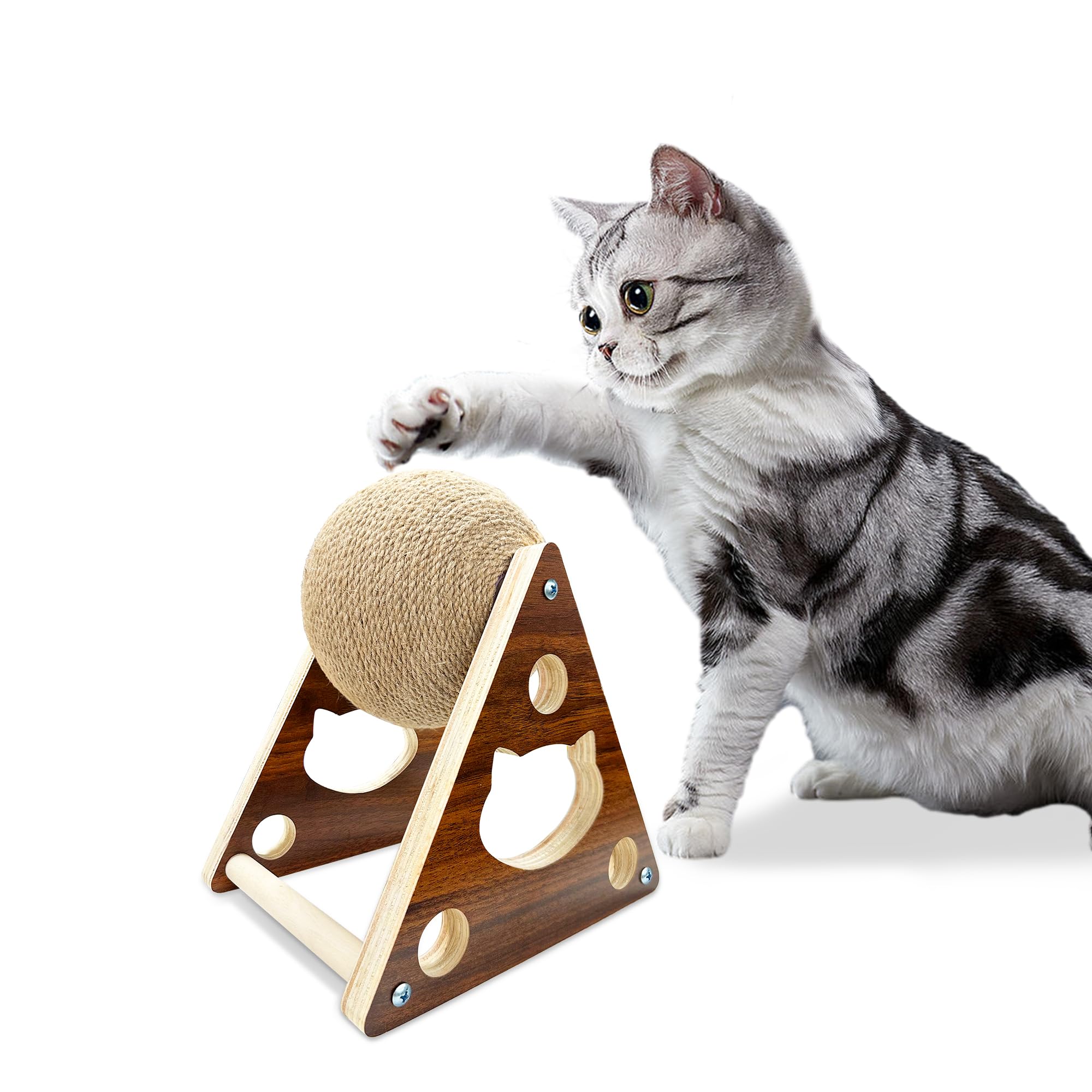 Cat Scratcher Toy,Natural Sisal Rope Cat Scratching Ball Scratcher Toy with Ball for Cats& Kittens&Dogs&Puppy, Interactive Solid Wood Scratcher Pet Toy (Small)