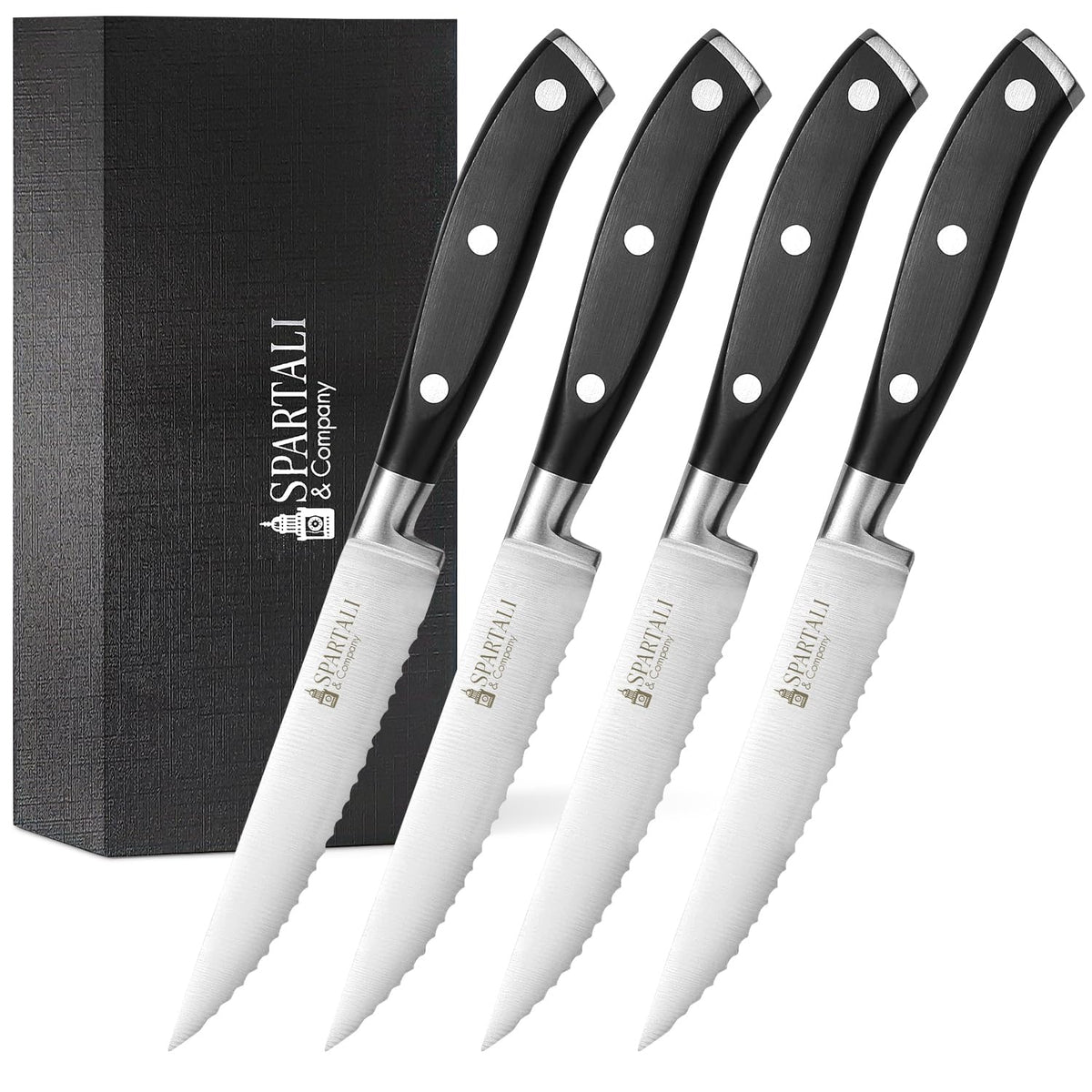 Premium 4.5-Inch Steak Knife Set of 4 – Serrated Stainless Steel Blades with Ergonomic Handles – Razor-Sharp Cutlery for Effortless Meat Slicing – Dishwasher Safe, Rust-Resistant.