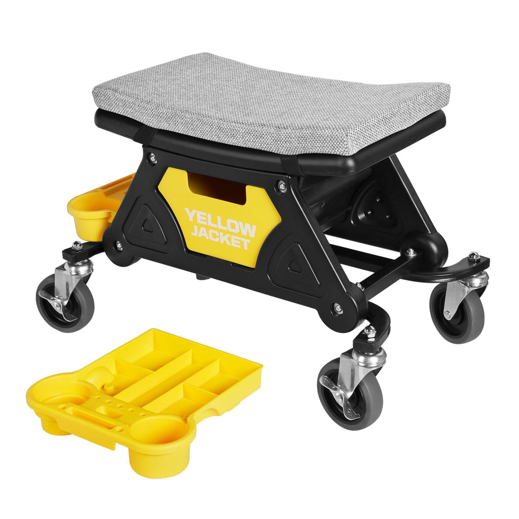 Yellow Jacket Rolling Mechanic Seat with Drawer & Trays, 300lb, Garage Shop, Mechanic Rolling Stool