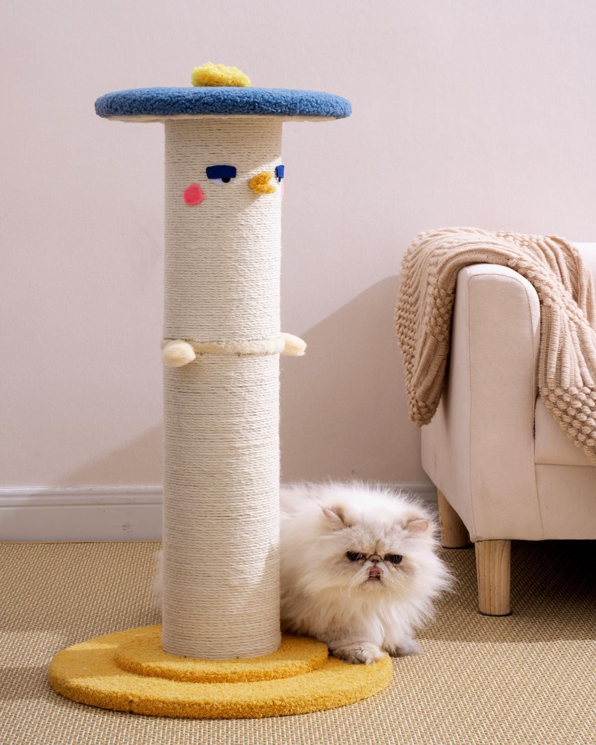 Cute Cat Scratching Post, 31 inch Very Tall Thicker Scratch Post w/Perch Bed, Full Strectch for Indoor Cats, Adult/Kitten/Kitty Sisal Rope Scratcher, Large Play Toy Stand, Adjustable Height Furniture