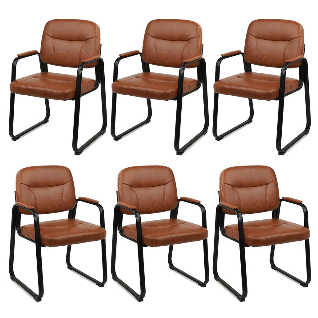 Clatina Waiting Room Guest Chair with Bonded Leather Padded Arm Rest for Office Reception and Conference Desk Black with Sled Base Brown 6 Pack